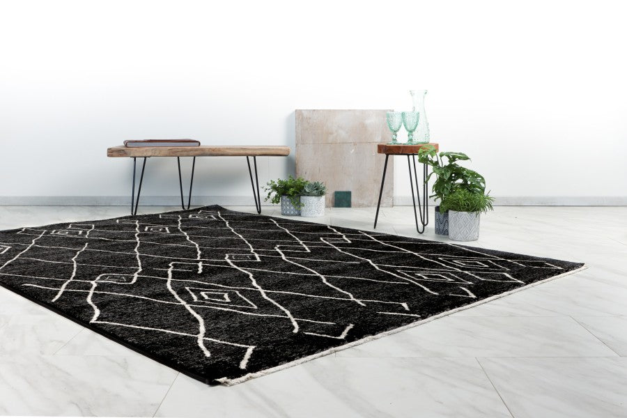 black and white rug in room