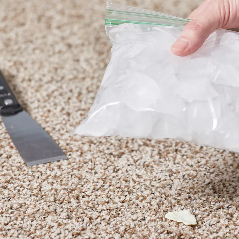 Ice in a bag pressed onto chewing gum stuck in carpet
