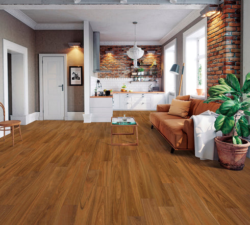Lounge with a tan leather sofa on a wide reddish orange-brown timber floor
