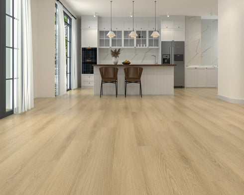 Kitchen with a light sandy oak laminate plank floor