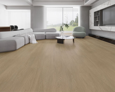 Lounge room laid with light greige taupe-beige vinyl plank flooring