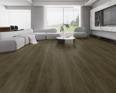Lounge room laid with dark olive-brown smoked vinyl plank flooring