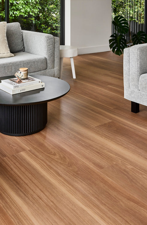 Classic Spotted Gum 7.5mm EasiPlank Hybrid Flooring laid in a living room