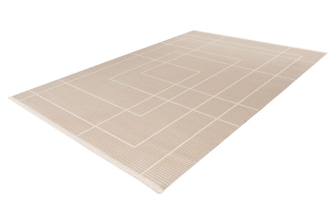 Contemporary rug in beige tones with interconnected square and rectangle design
