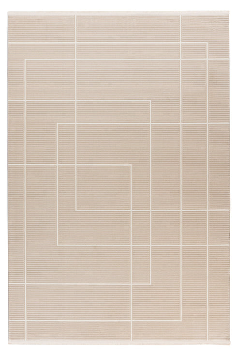 Beige rug with white-outlined geometric rectangles and subtle horizontal stripe texture