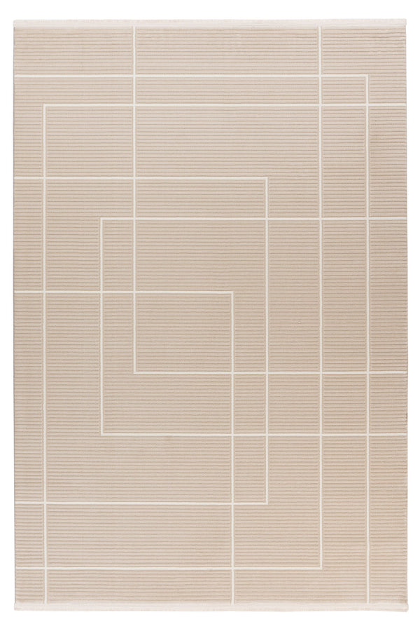 Beige rug with white-outlined geometric rectangles and subtle horizontal stripe texture