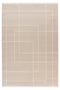 Beige rug with white-outlined geometric rectangles and subtle horizontal stripe texture