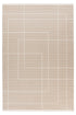 Beige rug with white-outlined geometric rectangles and subtle horizontal stripe texture