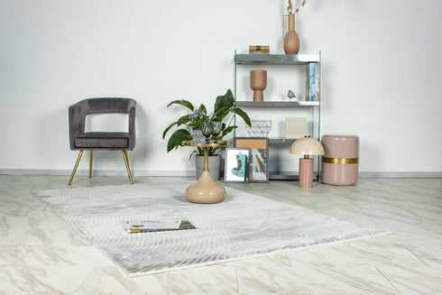 Grey area rug with intricate circular and curved line patterns, adding a contemporary touch to any living space