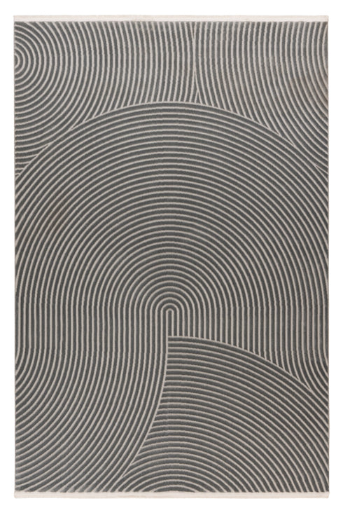 Grey rug featuring a modern design with concentric circles and curved lines, creating a visually appealing geometric pattern