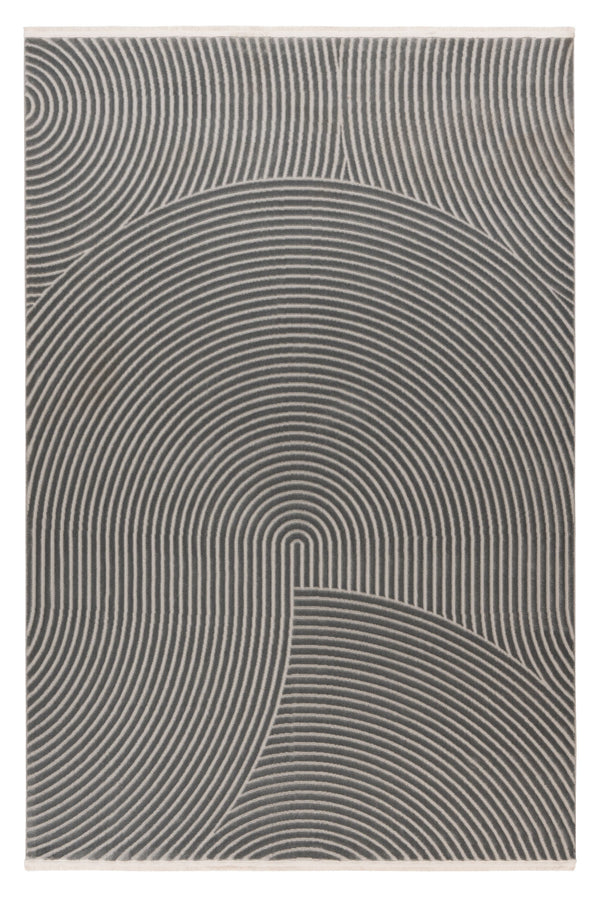Grey rug featuring a modern design with concentric circles and curved lines, creating a visually appealing geometric pattern
