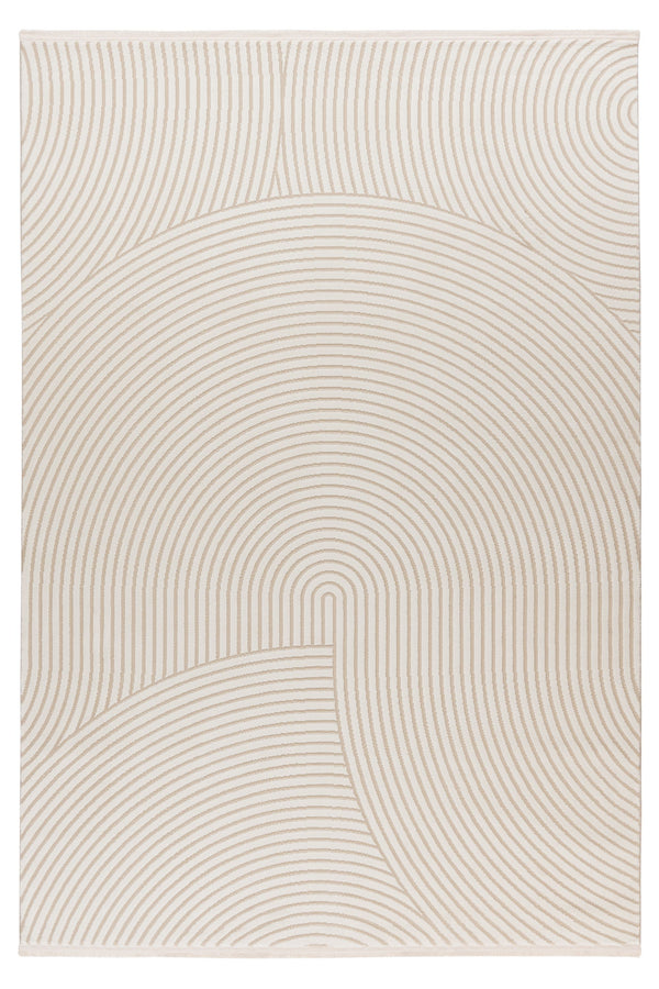 Beige rug with concentric circular patterns creating a modern geometric design