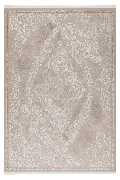 Traditional rug with central medallion and ornate floral pattern in neutral beige tones