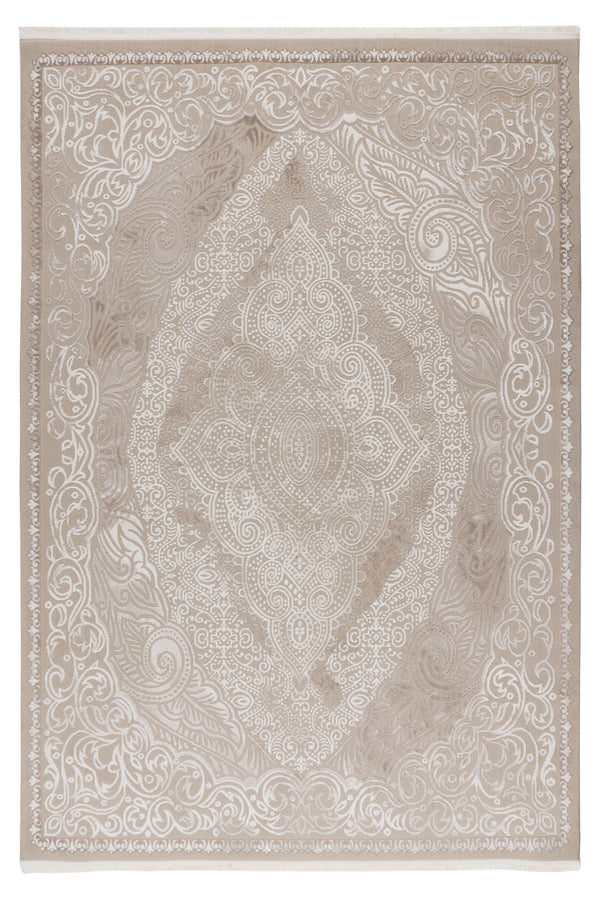 Traditional rug with central medallion and ornate floral pattern in neutral beige tones