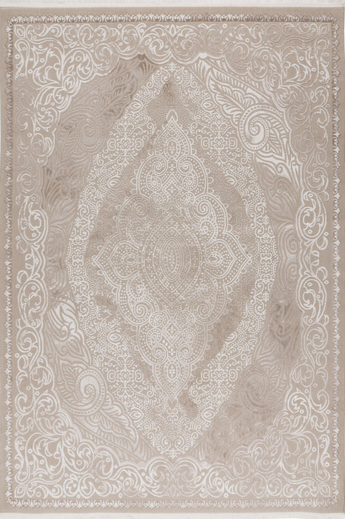 Elif 404 - Beige Medallion Rug with Ornate Floral Pattern, full view