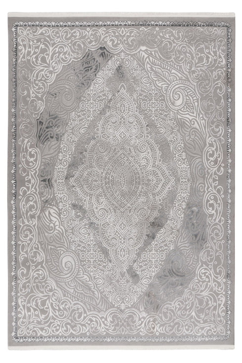 Gray and white rug with central medallion and intricate paisley floral pattern