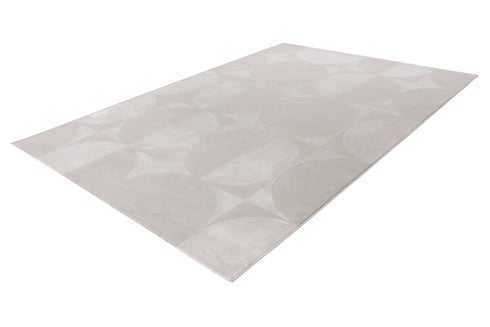 - Elegant grey rug showcasing a modern geometric pattern with circular and triangular elements