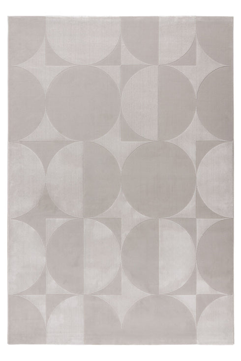 Light grey area rug with overlapping circles and triangles in a modern geometric design, ideal for stylish contemporary interiors.