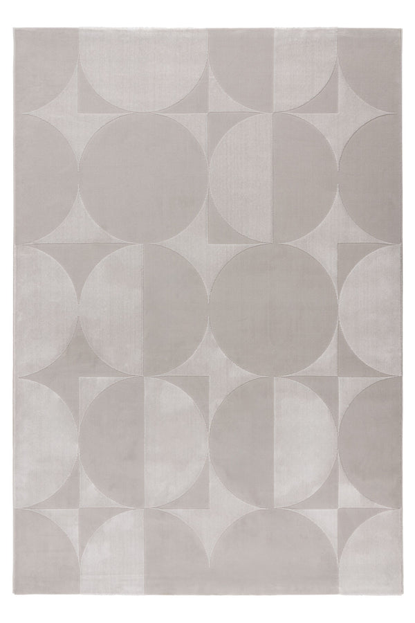 Light grey area rug with overlapping circles and triangles in a modern geometric design, ideal for stylish contemporary interiors.