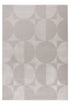 Light grey area rug with overlapping circles and triangles in a modern geometric design, ideal for stylish contemporary interiors.