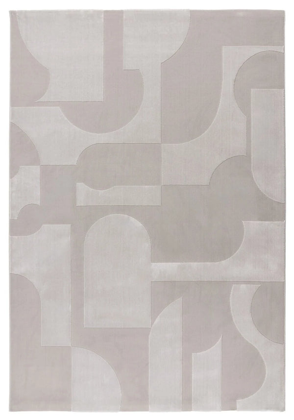 Abstract geometric rug in light grey with curves, arches, and rectangles, styled for contemporary home décor.