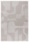 Abstract geometric rug in light grey with curves, arches, and rectangles, styled for contemporary home décor.