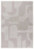 Abstract geometric rug in light grey with curves, arches, and rectangles, styled for contemporary home décor.