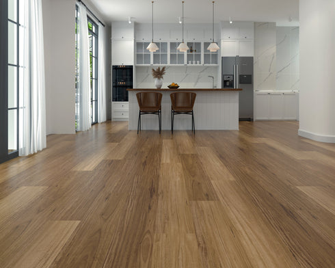 Kitchen with a high contrast laminate floor ranging from honey to chocolate brown