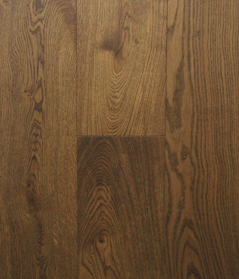 Swish Oak Natura Fiano Brown engineered oak flooring swatch showing rich warm chocolate tobacco brown with golden red highlights in the grain