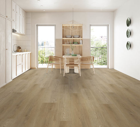 A light to mid warm tan-beige hybrid plank floor with knots in a dining room with timber chairs