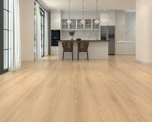 Kitchen with a pale golden beige laminate plank floor