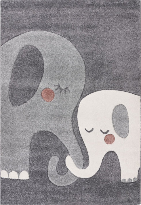 Happy 301 - Grey Soft High Pile Kids Rug with Intertwined Elephant Design, full view