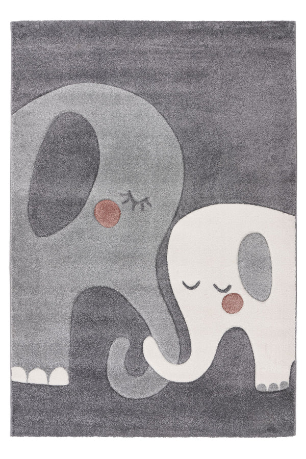 Kids rug with two elephants and intertwined trunks on a grey background