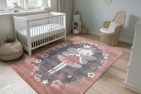 High pile rug featuring cartoon fairy with crown and wings