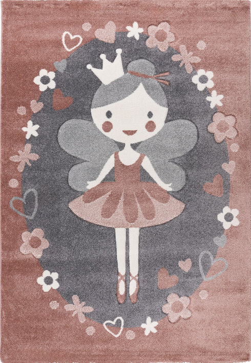 Happy 304 Multi - Whimsical Fairy High Pile Kids Rug in Pink and Grey, full view