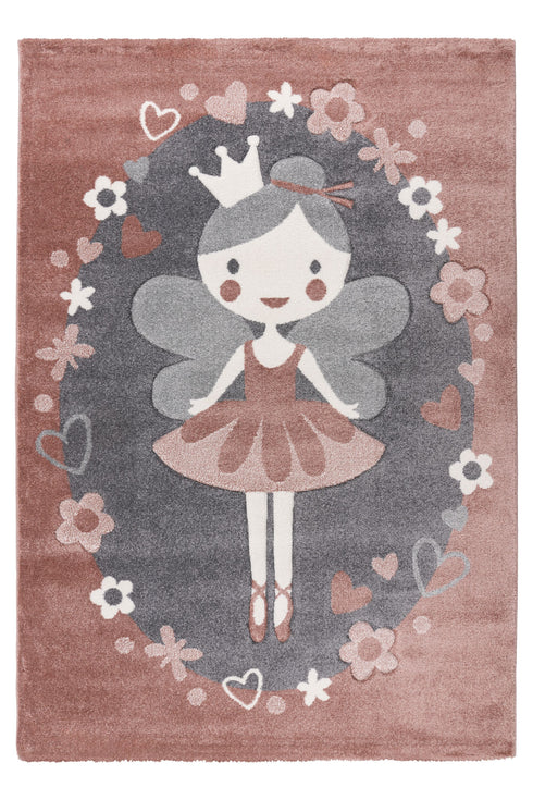 Fairy-themed kids rug with pink background and floral accents