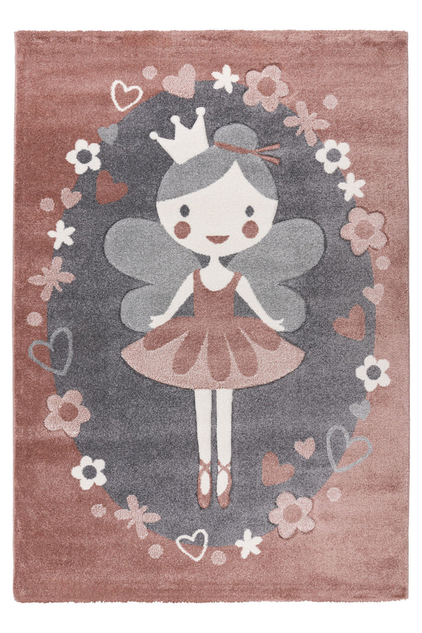 Fairy-themed kids rug with pink background and floral accents