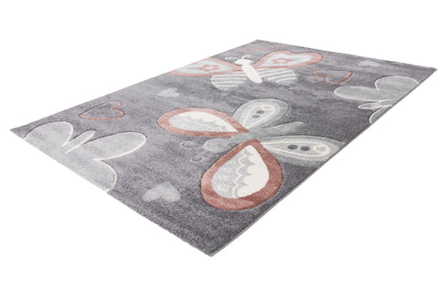 Happy 306 Multi - Whimsical Butterfly & Heart High Pile Kids Rug in Grey