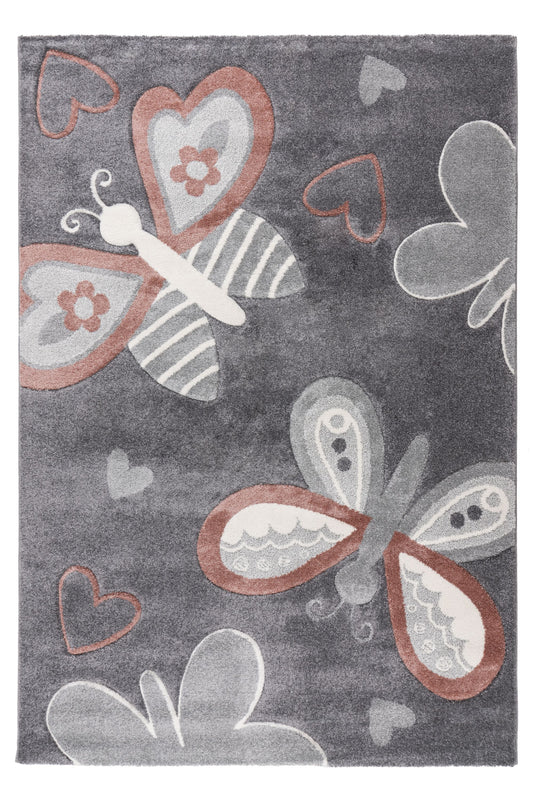 Happy 306 Multi grey kids rug with butterfly and heart design - soft high pile children's rug