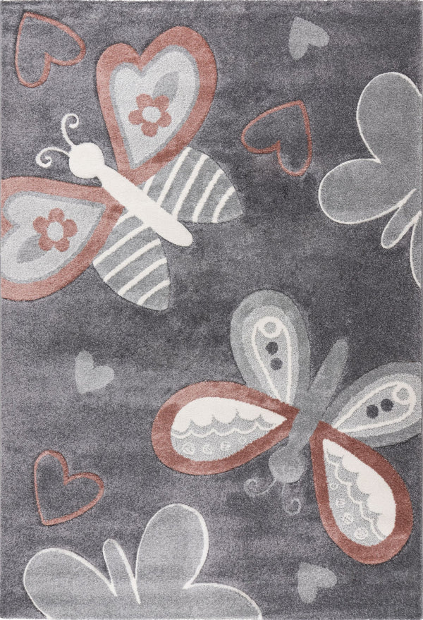 Happy 306 Multi - Whimsical Butterfly & Heart High Pile Kids Rug in Grey, full view