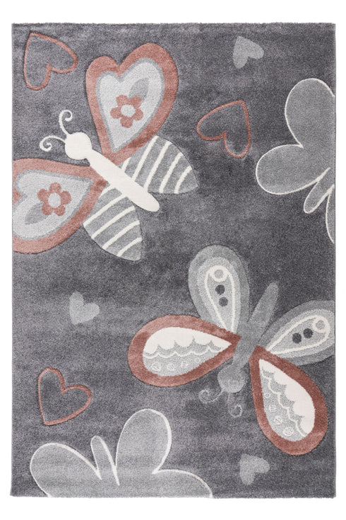 Kids rug with butterfly and heart design on grey background