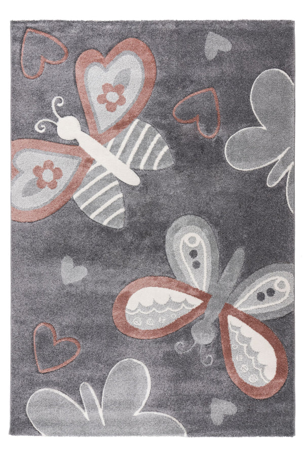 Kids rug with butterfly and heart design on grey background