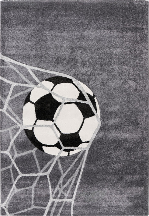Happy 308 silver kids rug with soccer ball and net design, full view