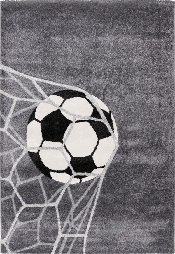 Happy 308 silver kids rug with soccer ball and net design, full view