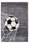 Kids rug with soccer ball hitting the net on grey background
