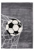 Kids rug with soccer ball hitting the net on grey background