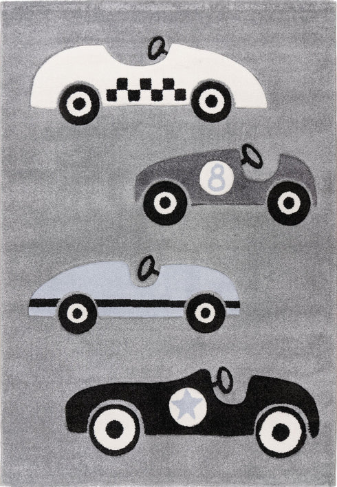 Happy 309 Silver - Plush Kids Rug with Stylized Race Car Design in Grey, full view