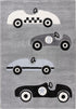 Happy 309 Silver - Plush Kids Rug with Stylized Race Car Design in Grey, full view