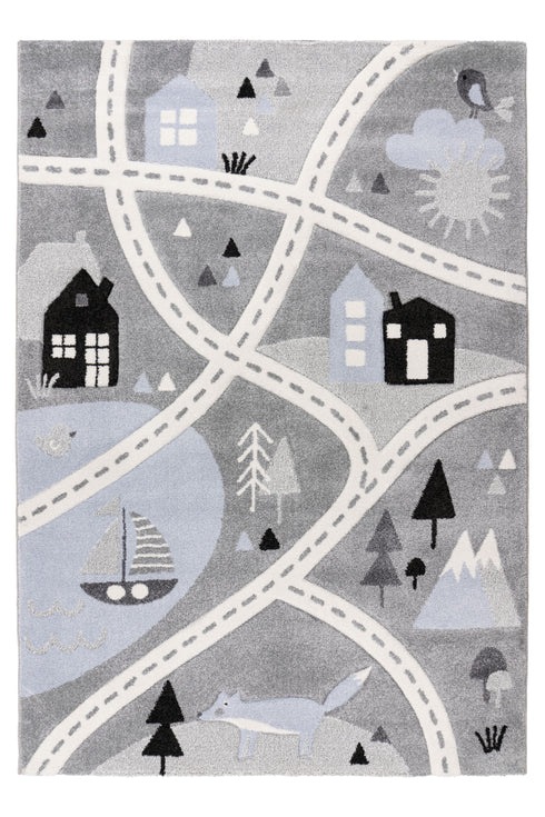 Kids rug with illustrated houses, trees, animals, and sailboat