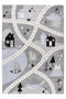 Kids rug with illustrated houses, trees, animals, and sailboat